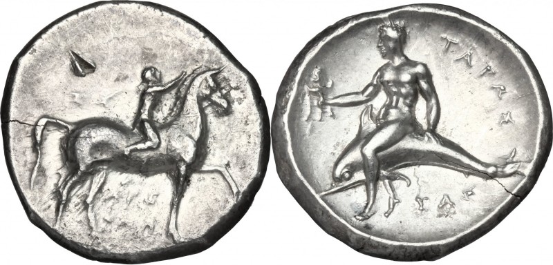 Greek Italy. Southern Apulia, Tarentum. AR Nomos, 302-280 BC. D/ Horseman right,...