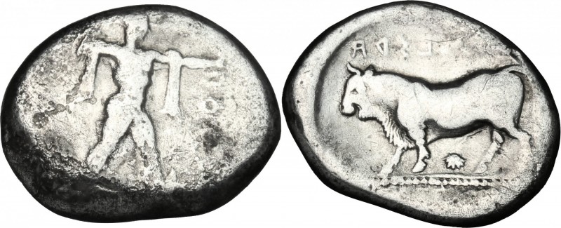 Greek Italy. Lucania, Poseidonia-Paestum. AR Stater, 420-410 BC. D/ Poseidon adv...