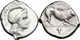 Greek Italy. Northern Lucania, Velia. AR Didrachm, period VII, ca. 300 - ca. 280 BC. D/ Head of Athena right, wearing Attic helmet. R/ Lion walking ri...