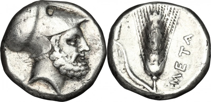 Greek Italy. Southern Lucania, Metapontum. AR Stater, 340-330 BC. D/ Head of Leu...