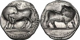 Greek Italy. Southern Lucania, Sybaris. AR Stater, 550-510 BC. D/ Bull standing left, head right. R/ Incuse bull standing right, head left. HN Italy 1...