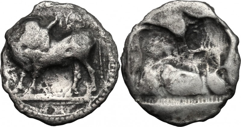 Greek Italy. Southern Lucania, Sybaris. AR Drachm, 550-510 BC. D/ Bull standing ...