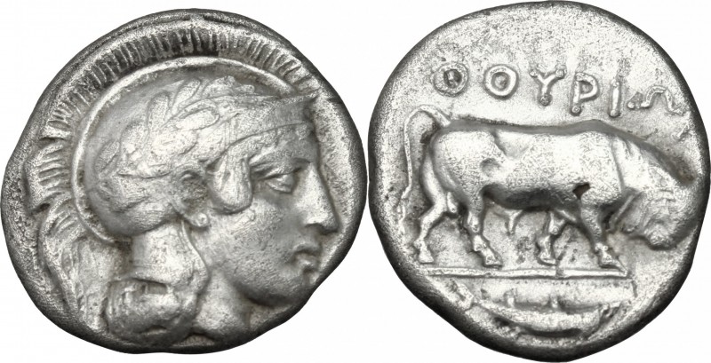 Greek Italy. Southern Lucania, Thurium. AR Stater, 443-400 BC. D/ Head of Athena...