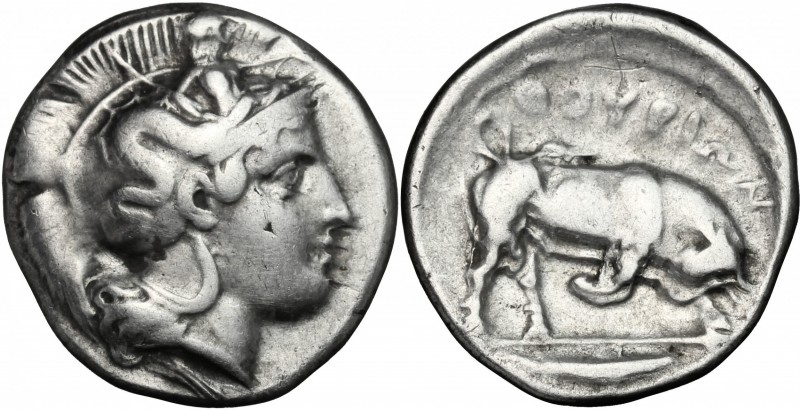 Greek Italy. Southern Lucania, Thurium. AR Stater, 400-350 BC. D/ Head of Athena...