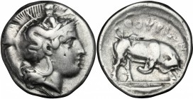 Greek Italy. Southern Lucania, Thurium. AR Stater, 400-350 BC. D/ Head of Athena right, wearing helmet decorated with Scylla. R/ Bull butting right; i...