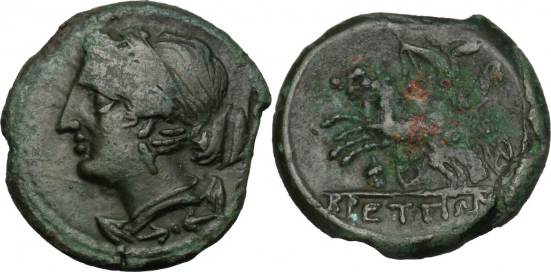 Greek Italy. Bruttium, The Brettii. AE Half Unit, 211-208 BC. D/ Bust of Nike le...