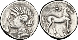 Greek Italy. Bruttium, Carthaginians in South-West Italy. AR Half Shekel, 216-211 BC. D/ Head of Tanit-Demeter left. R/ Horse standing right; above, s...
