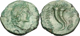 Greek Italy. Bruttium, Vibo Valentia. AΕ Semis. 2nd century BC. D/ Head of Juno right; behind, S. R/ VALENTIA. Double cornucopiae; to right, S and dol...
