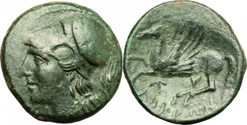 Greek Italy. Bruttium, Locri. AE, 278-276 BC. D/ Head of Athena left, helmeted. ...
