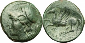 Greek Italy. Bruttium, Locri. AE, 278-276 BC. D/ Head of Athena left, helmeted. R/ Pegasus flying left. HN Italy 2386. AE. g. 9.05 mm. 13.00 Very dark...