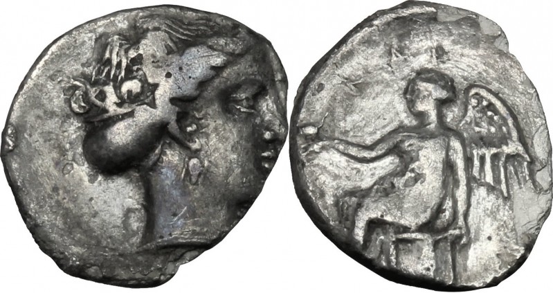 Greek Italy. Bruttium, Terina. AR Triobol, 420-400 BC. D/ Head of nymph right. R...