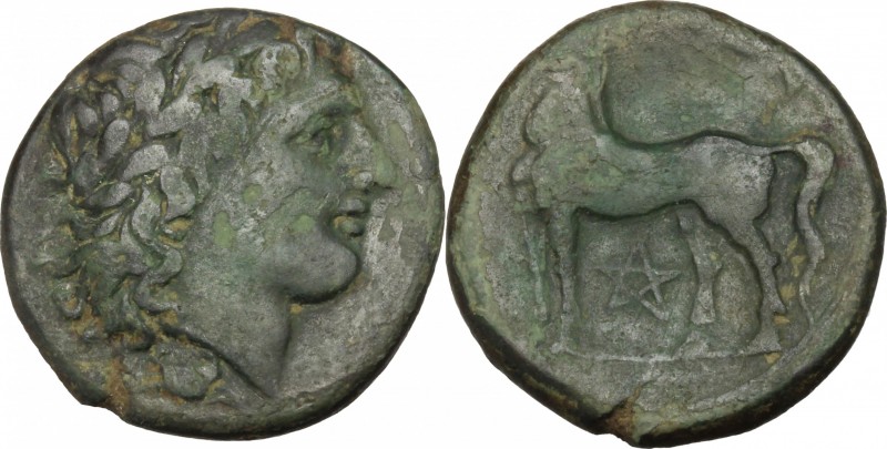 Greek Italy. Bruttium, Nuceria. AE 21 mm, 225-200 BC. D/ Head of Apollo right, l...