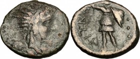 Sicily. Aitna. AE Quadrans, 210-150 BC. D/ Radiate head of Helios right. R/ AITNA. Warrior standing left; to left, three pellets. HGC 69. CNS 9. AR. g...