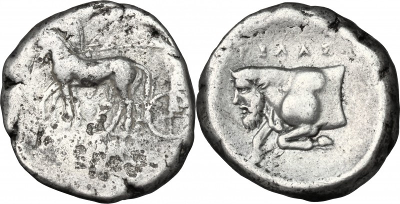 Sicily. Gela. AR Tetradrachm, before 405 BC. D/ Quadriga left. R/ Forepart of ma...