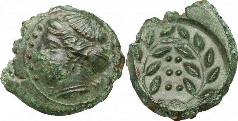 Sicily. Himera. AE Hemilitron, before 407 BC. D/ Head of nymph left; before, six...
