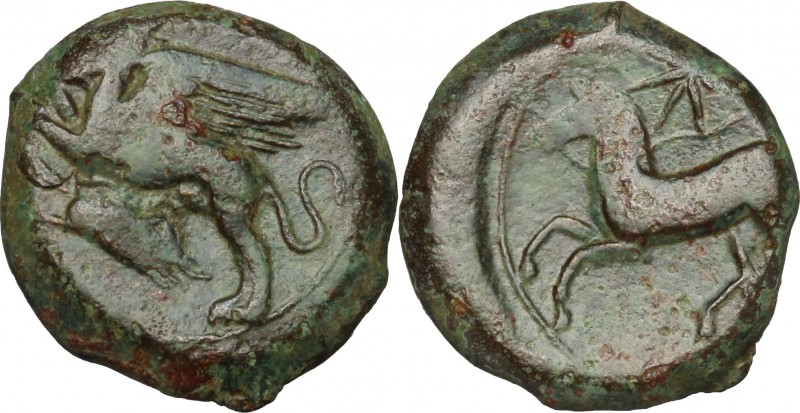Sicily. Kainon. AE 21 mm, c. 365 BC. D/ Griffin prancing left; below, grasshoppe...