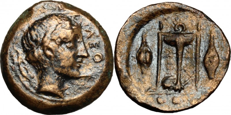 Sicily. Leontini. AE Tetras-Trionkion, circa 405-402 BC. D/ Head of Apollo right...