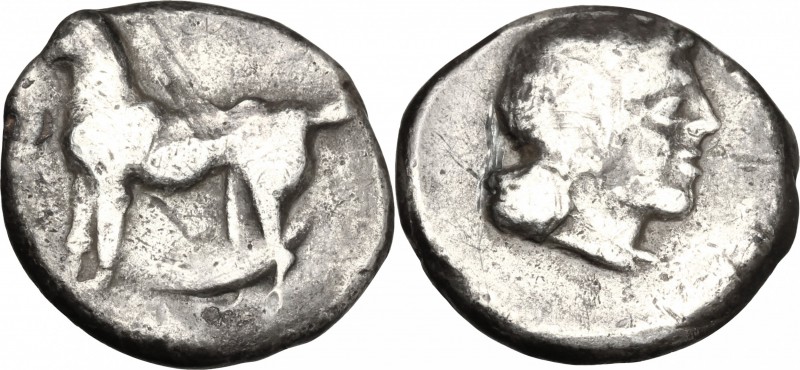 Sicily. Segesta. AR Didrachm, circa 440/35-420/16 BC. D/ Hound standing left. R/...