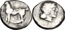 Sicily. Segesta. AR Didrachm, circa 440/35-420/16 BC. D/ Hound standing left. R/ Head of nymph Segesta right. SNG ANS 634. HGC 1135. AR. g. 8.14 mm. 2...