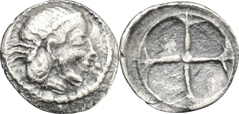 Sicily. Syracuse. AR Obol, 485-465 BC. D/ Head of Arethusa right, diademed. R/ W...