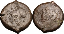 Sicily. Syracuse. AE Drachm, c. 410 BC. D/ ΣΥΡΑ. Head of Athena left, helmeted. R/ Hippocamp left. CNS II, 33. AE. g. 33.59 mm. 33.00 RR. Overstruck o...