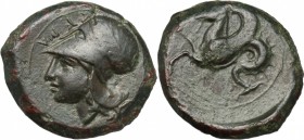 Sicily. Syracuse. Dionysos I (405-367 BC). AE Litra, 409-395 BC. D/ Head of Athena left, wearing Corinthian helmet decorated with olive-branch. R/ Hip...
