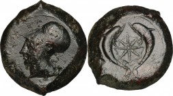 Sicily. Syracuse. Dionysios I (405-367 BC). AE Drachm, after 395 BC. D/ Head of Athena left, helmeted. R/ Two dolphins; between, star. CNS II, 62. AE....