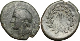Sicily. Syracuse. Agathokles (317-289 BC). AE 27 mm. D/ Head of Kore left, wearing wreath of corn-ears. R/ Torch in wreath; flame on both sides. CNS I...