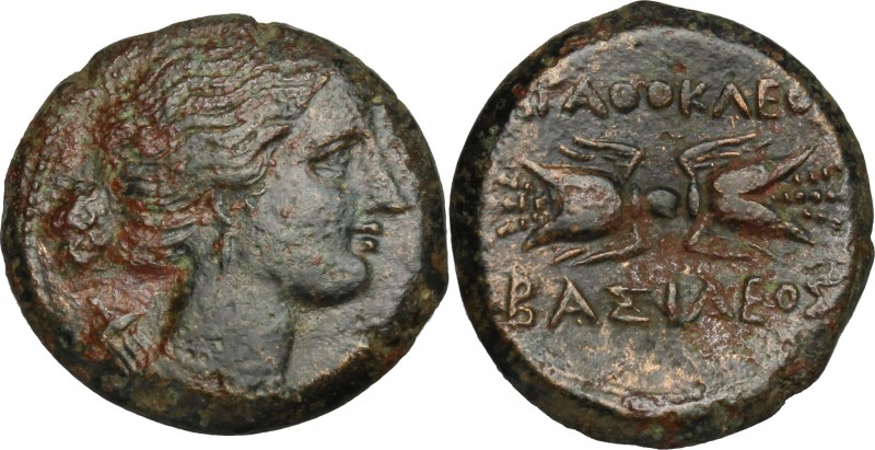 Sicily. Syracuse. Agathokles (317-289 BC). AE 21 mm. D/ Bust of Artemis right; b...