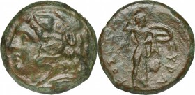 Sicily. Syracuse. Pyrrhos (278-276 BC). AE 24mm. D/ Head of Herakles left, wearing lion's skin. R/ Athena Promachos right, hurling thunderbolt and hol...