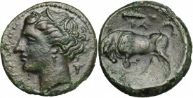 Sicily. Syracuse. Hieron II (274-216 BC). AE 20 mm. D/ Head of Kora left, wearing wreath; behind, bucranium. R/ Bull butting left; above, club. CNS II...