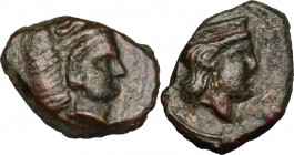 Sicily. Thermai Himerenses. AE 15 mm, 407-406 BC. D/ Head of Herakles right, wearing lion's skin. R/ Head of Hera right, wearing broad stephane. CNS I...