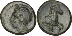 Sicily. Ziz. AE 14 mm, c. 350-260 BC. D/ Youthful male head left, wearing wreath. R/ Forepart of horse right; below, dolphin. CNS I, 12. AE. g. 2.17 m...
