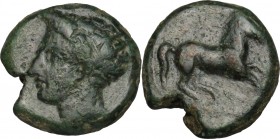 Punic Sicily. AE 17 mm, Late 4th-early 3rd century BC. D/ Head of Tanit left, wearing wreath. R/ Horse prancing right. SNG Cop. 94. AE. g. 6.47 mm. 17...