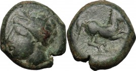 Punic Sicily. AE 16 mm, late 4th-early 3rd century BC. D/ Head of Tanit left, wearing wreath. R/ Horse prancing right. SNG Cop. 95. AE. g. 5.68 mm. 16...