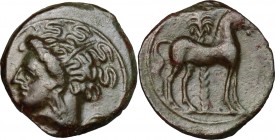 Punic Sicily. AE 16 mm, Late 4th-early 3rd century BC. D/ Head of Tanit left, wearing wreath. R/ Horse standing right; behind, palm tree. SNG Cop. 109...