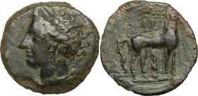Punic Sicily. AE 17 mm, Late 4th-early 3rd century BC. D/ Head of Tanit left, wearing wreath. R/ Horse standing right; behind, palm-tree. SNG Cop. 109...