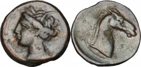 Punic Sardinia. AE 20 mm, 300-264 BC. D/ Head of Tanit left, wearing wreath. R/ Head of horse right; before, Punic letter. SNG Cop. 156-166. AE. g. 5....