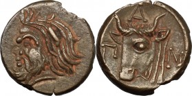 Continental Greece. Cimmerian Bosporos, Pantikapaion. AE 17mm, 4th-3rd century BC. D/ Head of satyr left. R/ Head and neck of bull left. SNG Cop. 32. ...