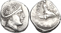 Continental Greece. Euboia, Histiaia. AR Tetrobol, c. 168-146 BC. D/ Head of Maenad wearing wreath of grapes right. R/ [IΣTI]AIEΩN. Nymph Histiaia sea...