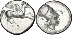 Continental Greece. Corinthia, Corinth. AR Stater, 405-345 BC. D/ Pegasus flying right. R/ Head of Athena right, wearing Corinthian helmet; before, do...