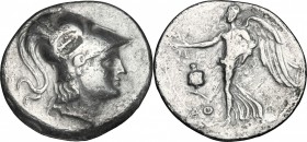 Greek Asia. Pamphylia, Side. AR Tetradrachm, 205-100 BC. D/ Head of Athena right, helmeted; c/m: anchor. R/ Nike advancing left, holding wreath and dr...