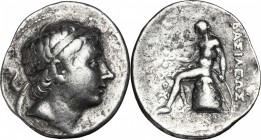 Greek Asia. Syria, Seleucid Kings. Antiochos III Megas (223-187 BC). AR Tetradrachm. D/ Head right, diademed. R/ Apollo seated left on omphalos, holdi...