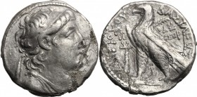 Greek Asia. Syria, Seleucid Kings. Antiochos VII Euergetes (138-129 BC). AR Tetradrachm, Tyre mint, 136-135 BC. D/ Bust right, diademed, draped. R/ Ea...