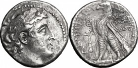 Greek Asia. Syria, Seleucid Kings. Demetrios II Nikator. Second reign, (130-125 BC). AR Tetradrachm, Tyre mint, 129-128 BC. D/ Head right, diademed. R...