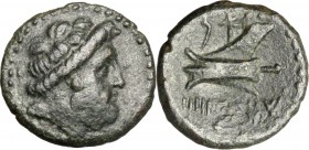Greek Asia. Phoenicia, Arados. AE Dichalkon, 2nd-1st century BC. D/ Head of Zeus right, diademed. R/ Ram of prow left. SNG Cop.-. cf. BMC 141. AE. g. ...