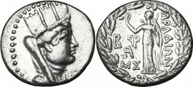 Greek Asia. Phoenicia, Arados. AR Tetradrachm, 68-67 BC. D/ Bust of Tyche right, turreted, veiled, draped. R/ Nike standing left, holding aphlastrom a...