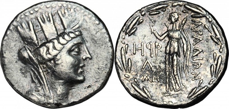 Greek Asia. Phoenicia, Arados. AR Tetradrachm, 62-61 BC. D/ Bust of Tyche right,...