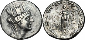 Greek Asia. Phoenicia, Arados. AR Tetradrachm, 62-61 BC. D/ Bust of Tyche right, turreted, veiled, draped. R/ Nike standing left, holding aphlastrom a...