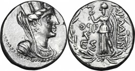 Greek Asia. Phoenicia, Arados. AR Tetradrachm, 61-60 BC. D/ Bust of Tyche right, turreted, veiled, draped. R/ Nike standing left, holding aphlastrom a...